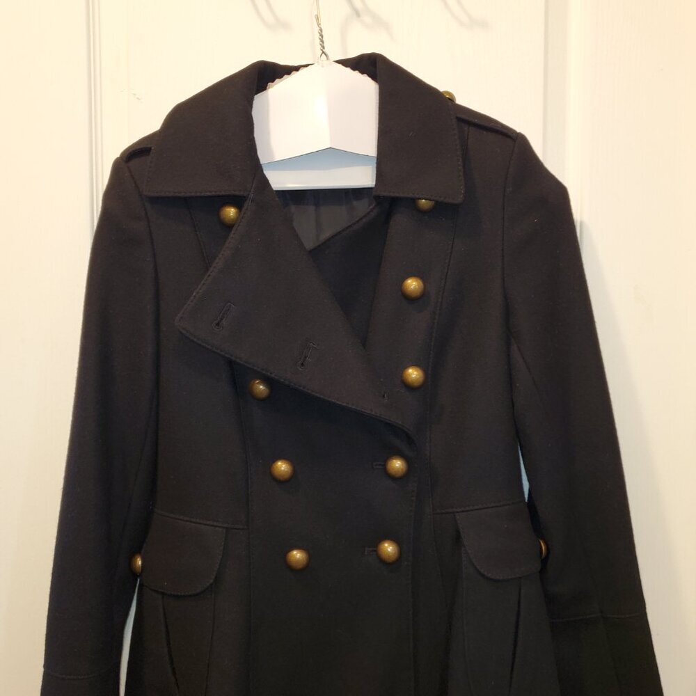 Tahari Military Peacoat A-Line Double-Breasted Black 60% Wool Blend Coat - 2/XS - Picture 7 of 12